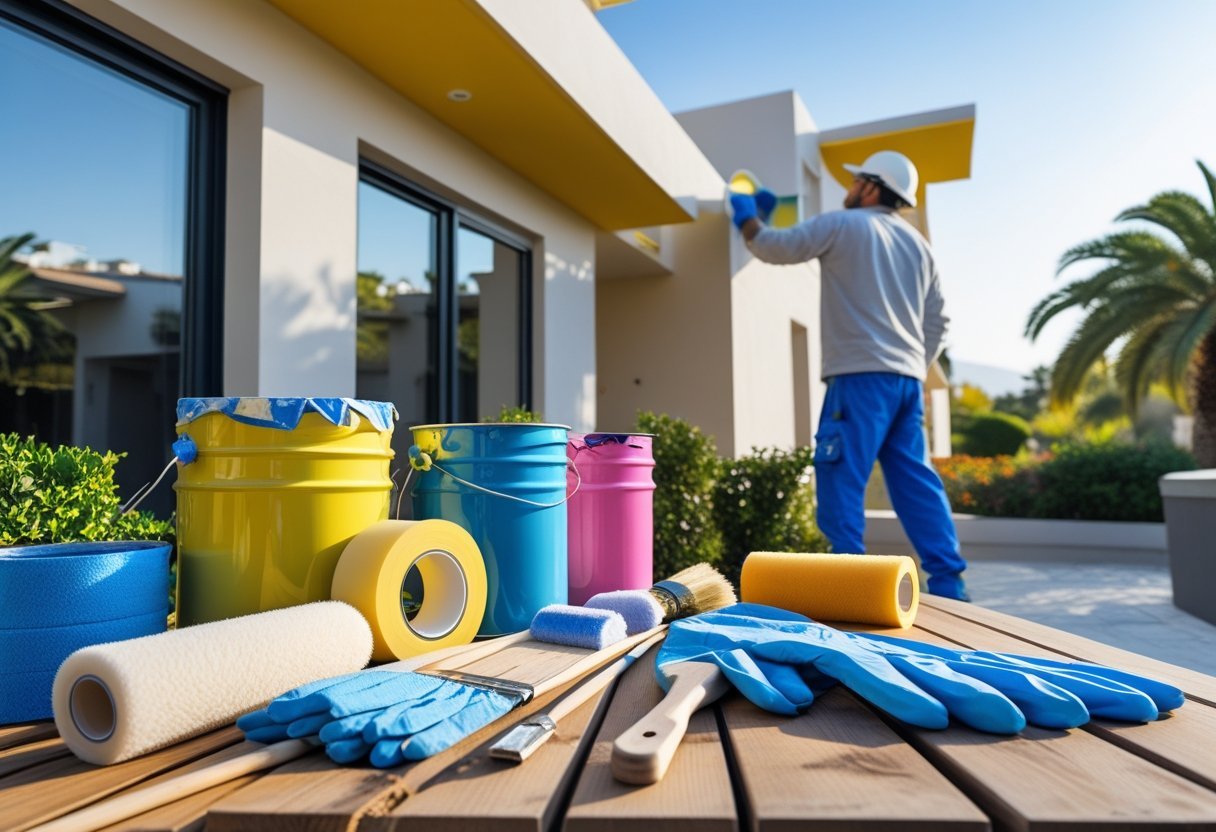 Materiales y herramientas para pintar fachadas al aire libre con un pintor aplicando pintura en la pared de un edificio.