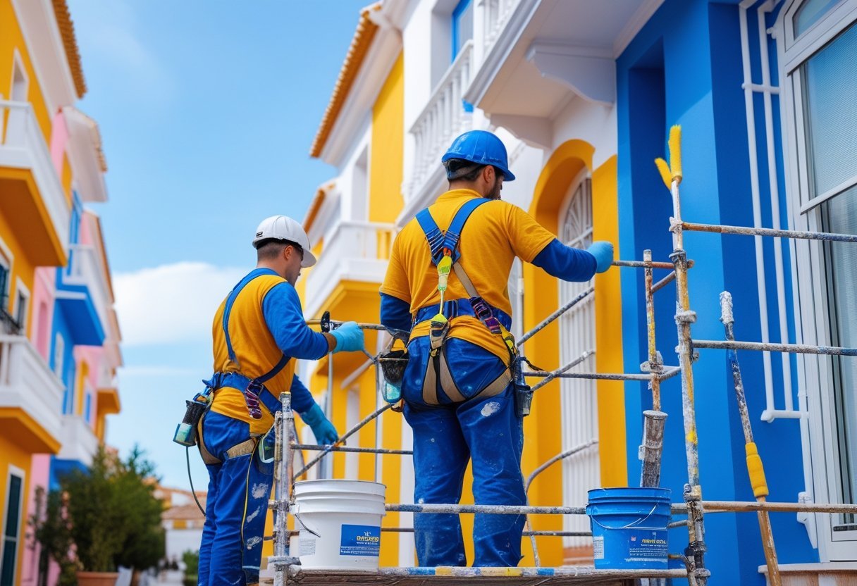 Equipo de pintores trabajando en la pintura y mantenimiento de fachadas de edificios en una ciudad bajo un cielo despejado.