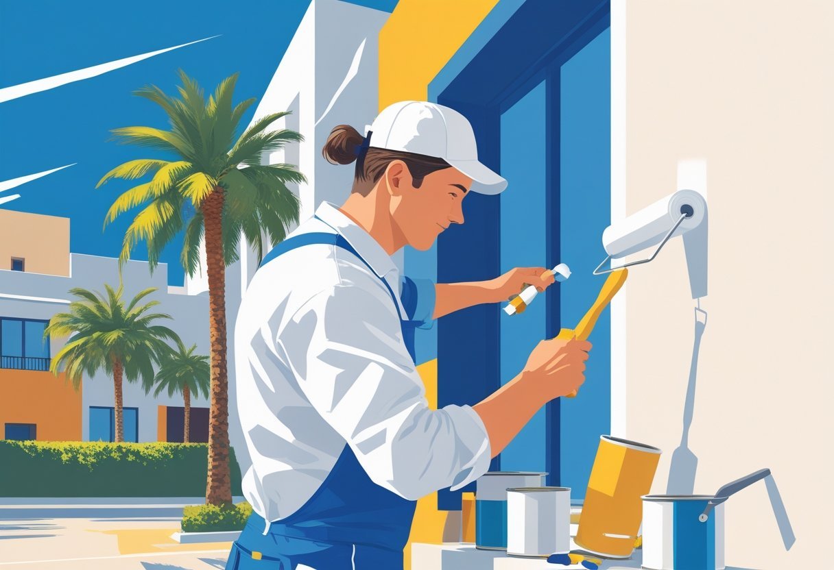Un pintor trabajando en la fachada de un edificio residencial en una ciudad soleada con palmeras.