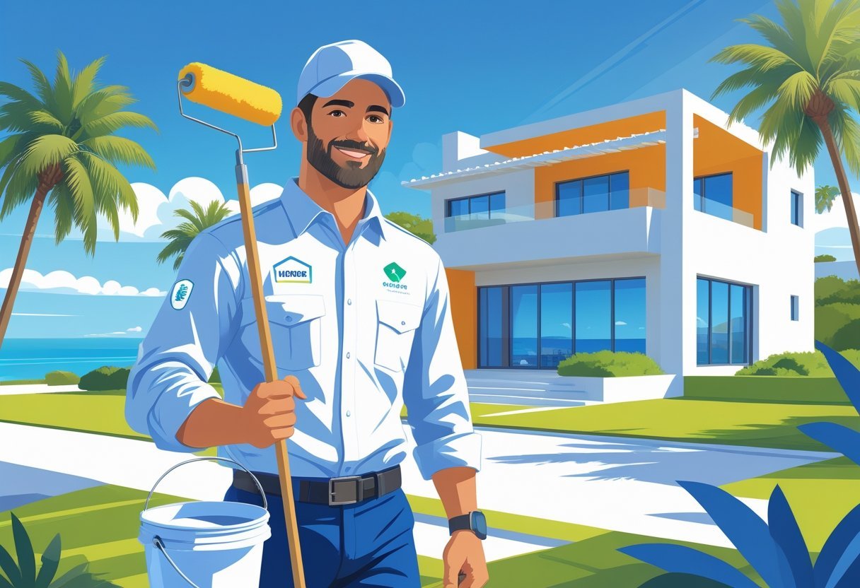 Un pintor profesional trabajando en la fachada de una casa moderna con palmeras y vista al mar en el fondo.
