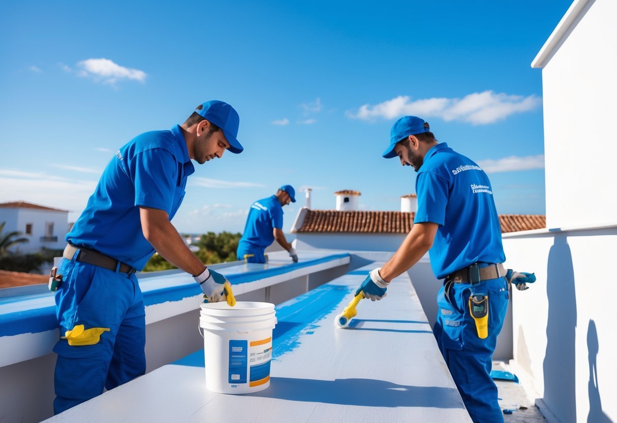 Dos trabajadores aplicando impermeabilizante en un techo exterior bajo un cielo despejado en Huelva.