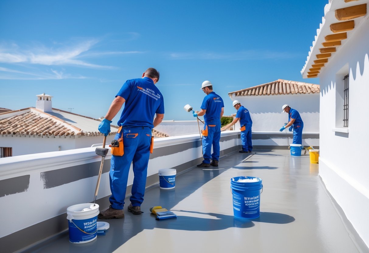 Trabajadores aplicando impermeabilizante en un tejado exterior bajo un cielo despejado en Huelva.