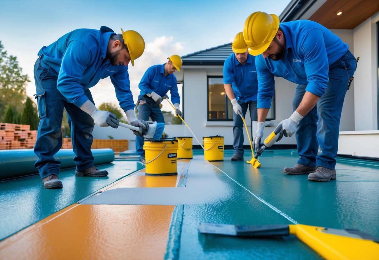 Trabajadores aplicando diferentes técnicas de impermeabilización en una construcción residencial al aire libre.