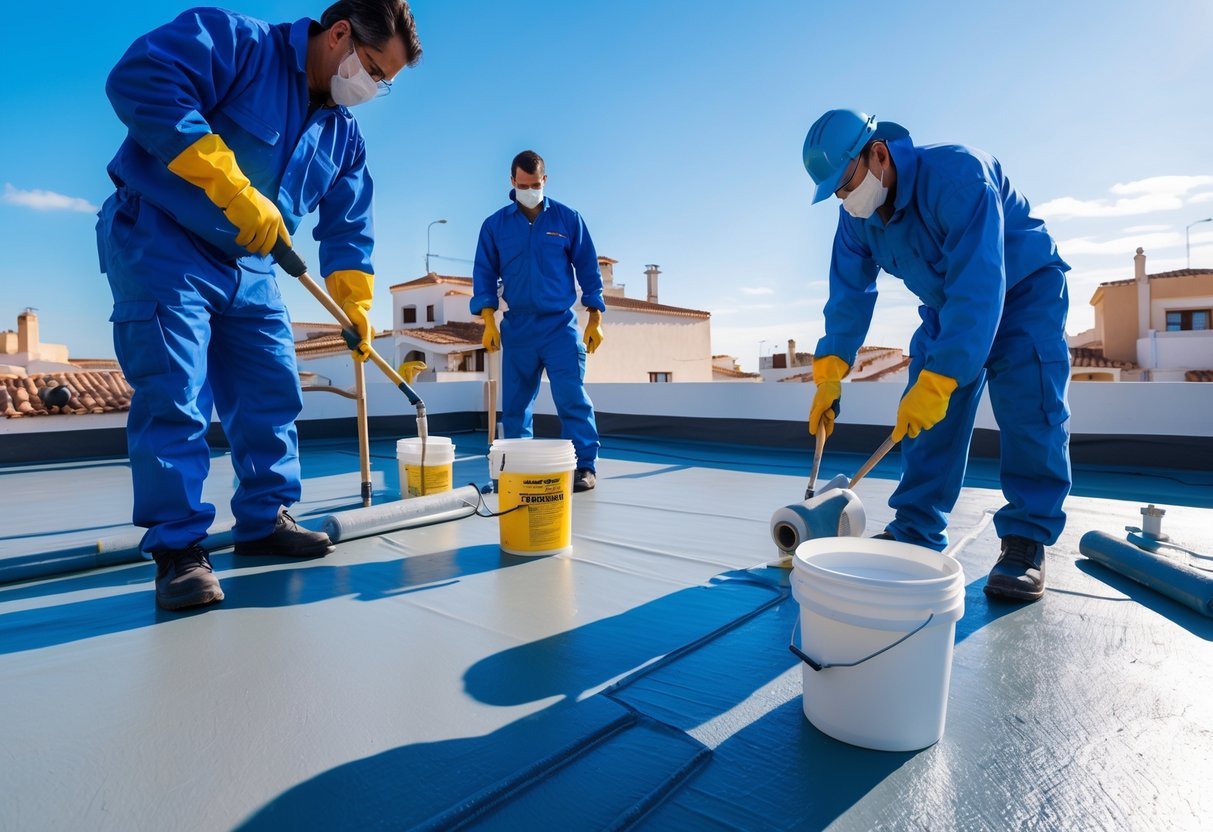 Trabajadores aplicando materiales de impermeabilización en un techo bajo un cielo despejado en una ciudad de Huelva.