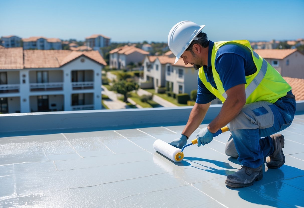 Un pintor aplicando impermeabilizante en el techo de un edificio residencial en Huelva, con casas y edificios al fondo.