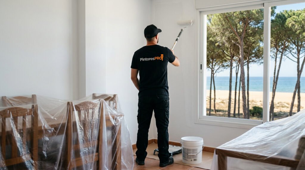 pintores en nuevo portil trabajando en una casa al lado de la playa