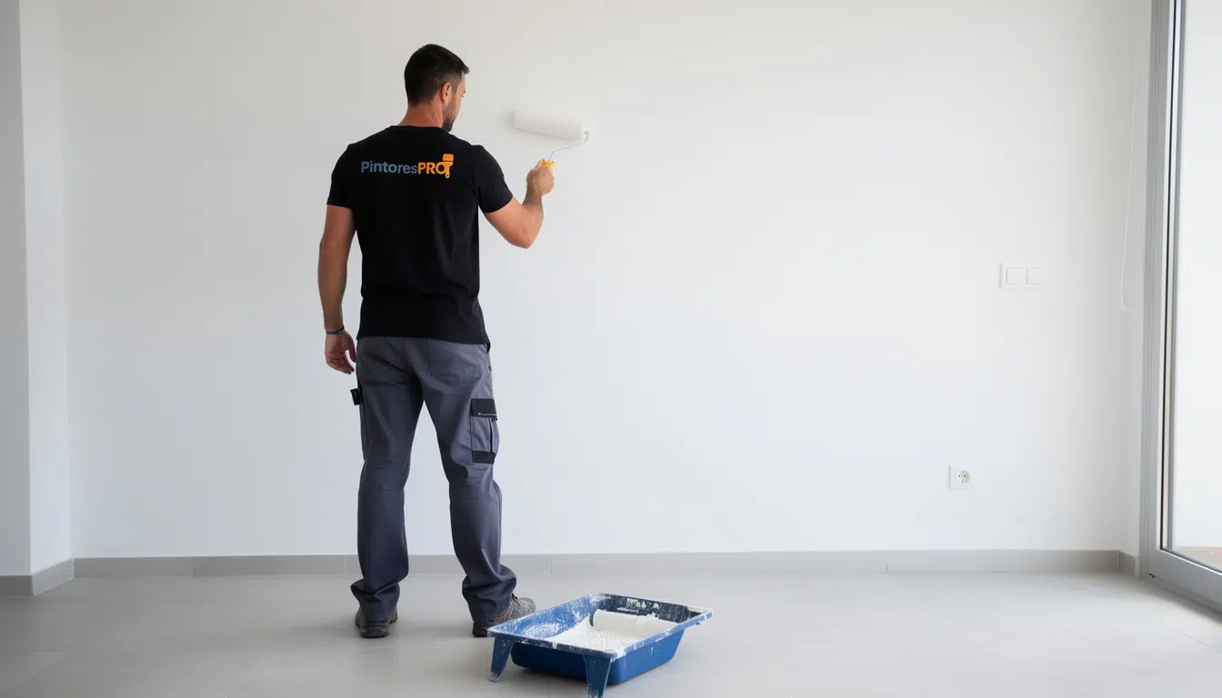 Pintor profesional pintando pared interior en Huelva con logo PintoresPRO