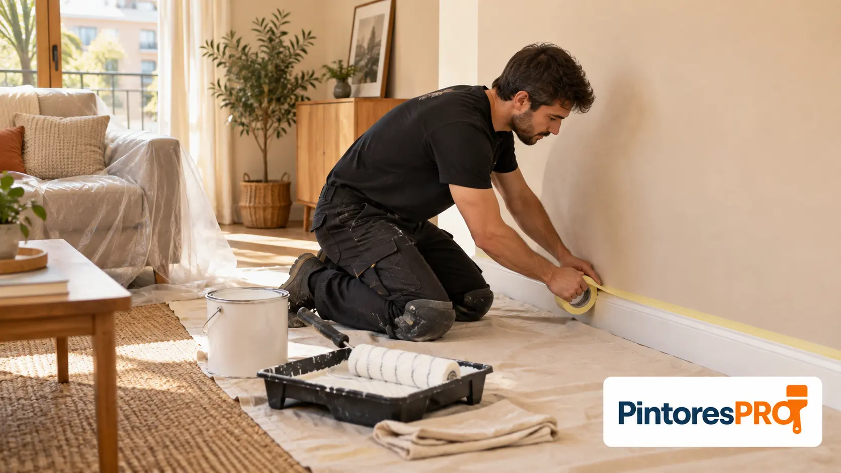 Pintor colocando cinta protectora en el rodapié de un salón antes de pintar
